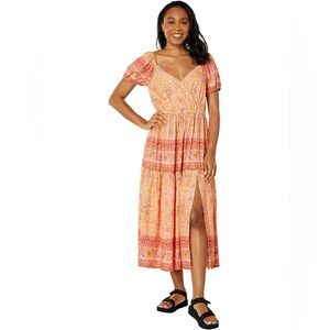 Lucky Brand Boho Floral Printed Puff Sleeve Midi Dress Peach Size Large